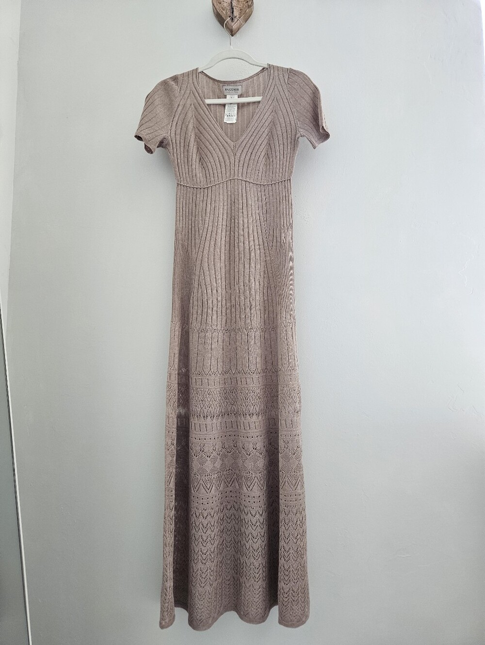Falconeri Beige Woven Knit V-Neck Short Sleeve Maxi Dress